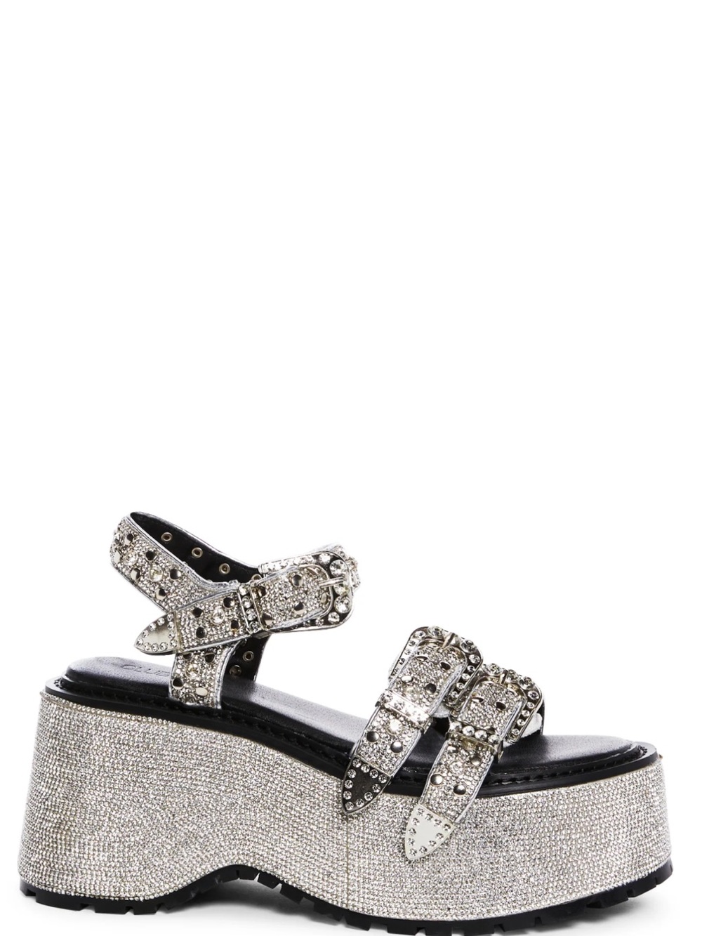 Glitter Silver Rhinestone Platform Sandal with Buckle Straps